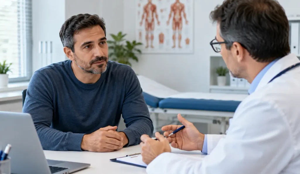 Médico conversando con un paciente durante una consulta sobre disfunción eréctil