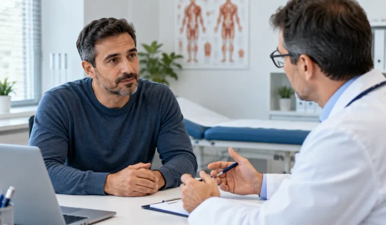 Médico conversando con un paciente durante una consulta sobre disfunción eréctil