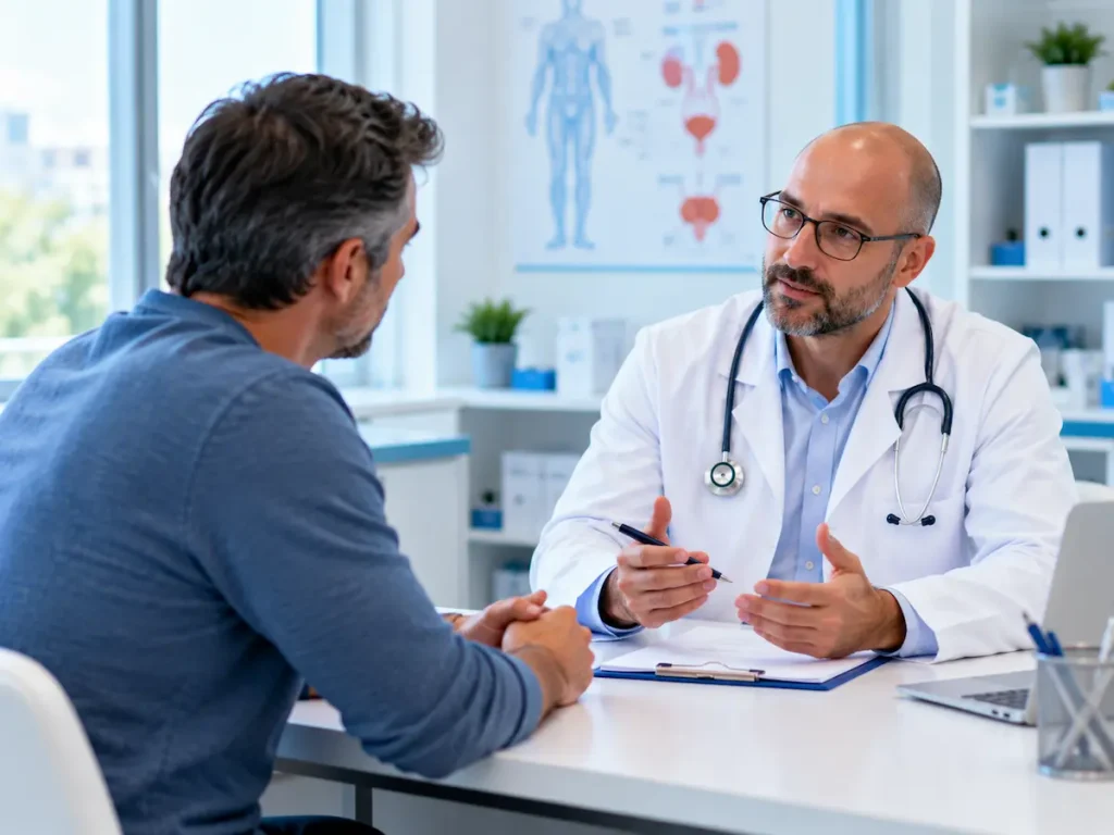Médico conversando con un paciente durante una consulta sobre salud masculina