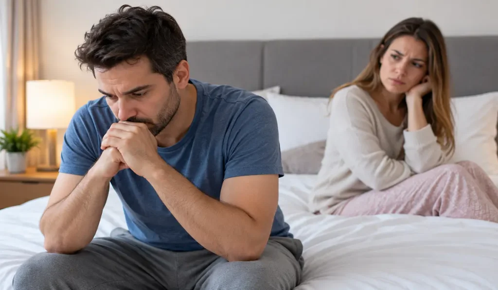 Hombre preocupado por dificultades relacionadas con la eyaculación precoz y la salud sexual