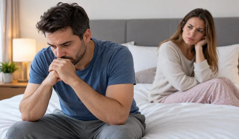 Hombre preocupado por dificultades relacionadas con la eyaculación precoz y la salud sexual