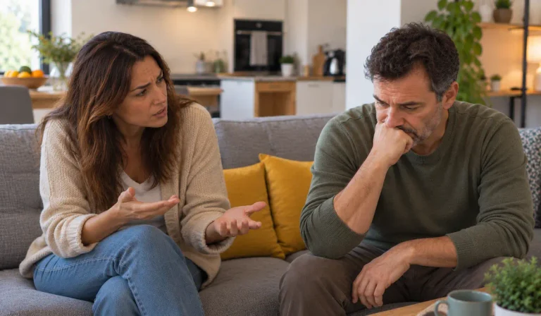 Pareja de mediana edad conversando sobre la falta de deseo sexual en hombres